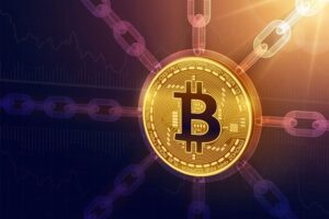 Bitcoin. Crypto currency. Block chain. 3D isometric Physical Bitcoin coin with wireframe chain. Blockchain concept. Editable Cryptocurrency template. Stock vector illustration.