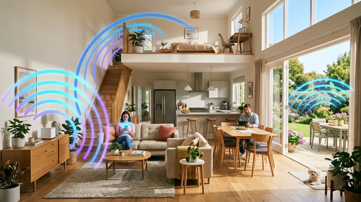 Maison avec ondes wifi colorées se propageant pour amplifier la connexion dans toutes les pièces.