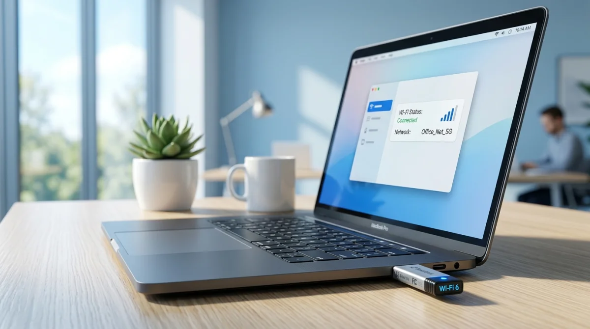 Clé wifi USB insérée dans un ordinateur portable, expliquant comment marche une clé wifi.