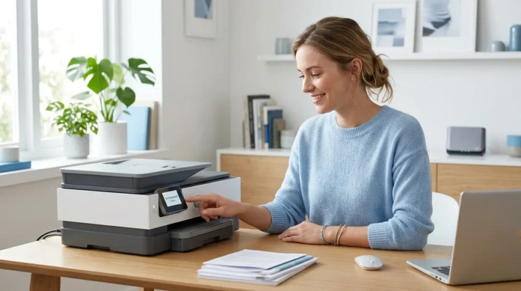 Personne connectant une imprimante wifi moderne dans un bureau à domicile lumineux.