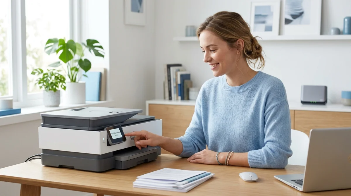 Personne connectant une imprimante wifi moderne dans un bureau à domicile lumineux.
