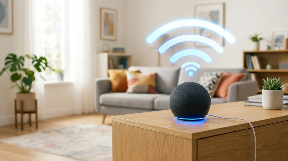 Enceinte Amazon Echo Alexa connectée au Wi-Fi dans un salon moderne