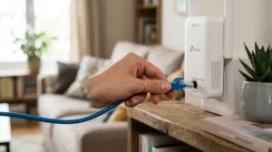 Main branchant un câble Ethernet sur un répéteur Wi-Fi pour améliorer la connexion internet.