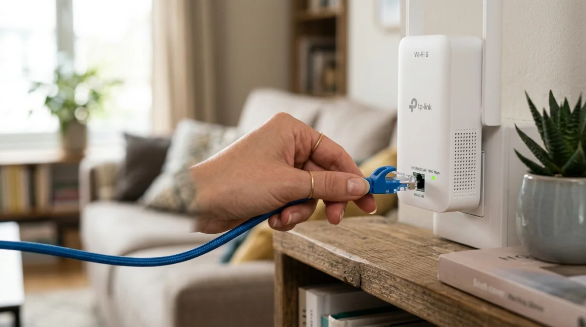 Main branchant un câble Ethernet sur un répéteur Wi-Fi pour améliorer la connexion internet.