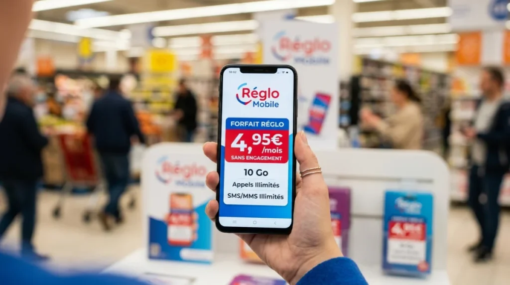 Smartphone affichant un forfait Réglo Mobile et son prix dans un espace de vente.
