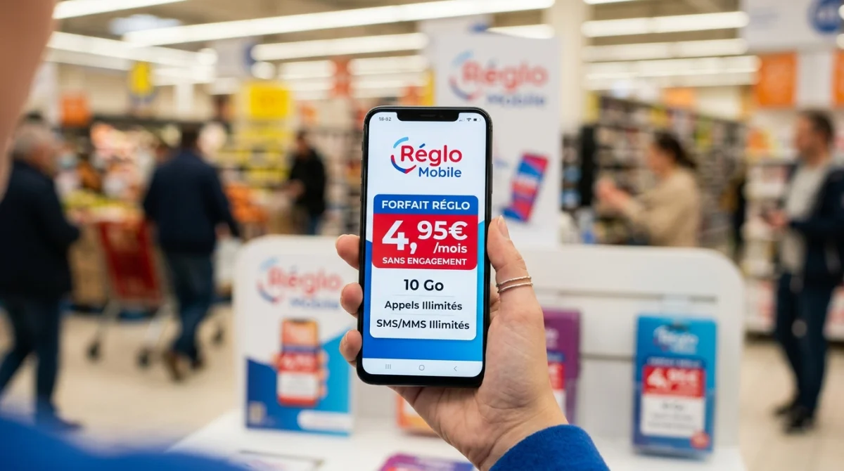 Smartphone affichant un forfait Réglo Mobile et son prix dans un espace de vente.