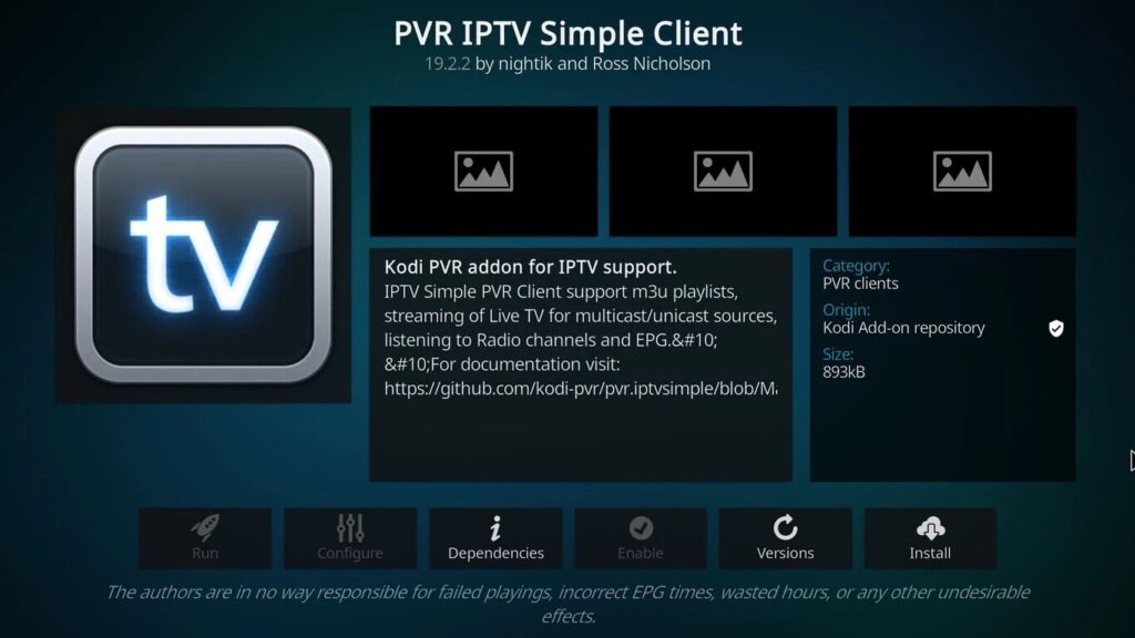 Interface de Kodi avec l'add-on PVR IPTV 