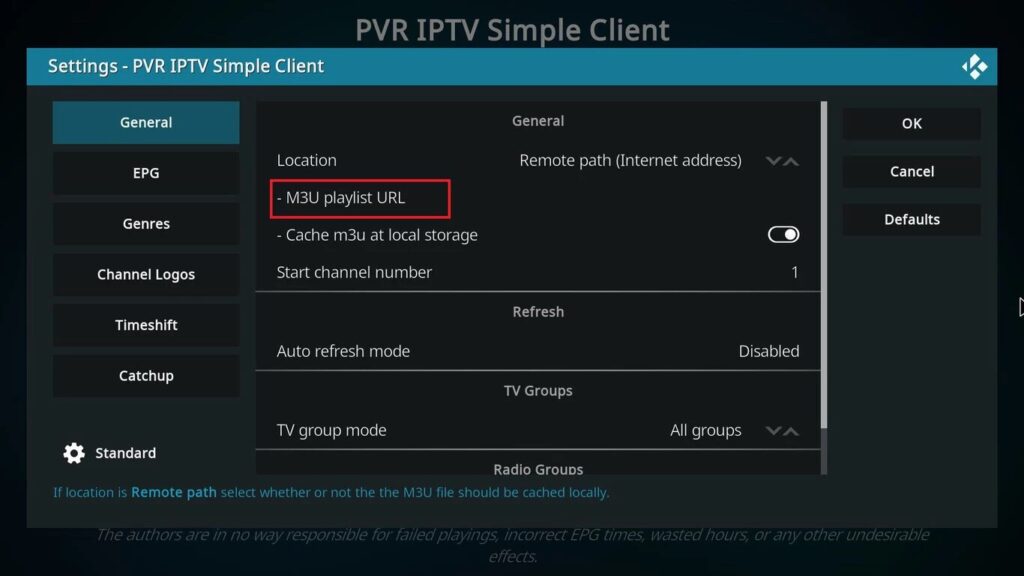 Configuration de l'URL M3U playlist dans PVR IPTV Simple Client sur Kodi
