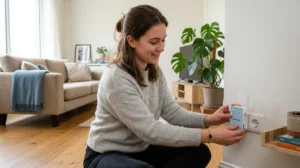 Installation facile d'un répéteur wifi dans un salon moderne.