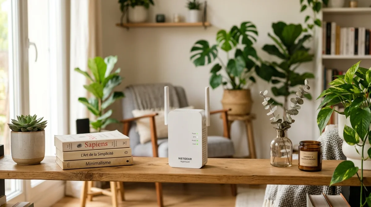 Répéteur WiFi moderne dans un salon lumineux, idéal pour améliorer la connexion internet.