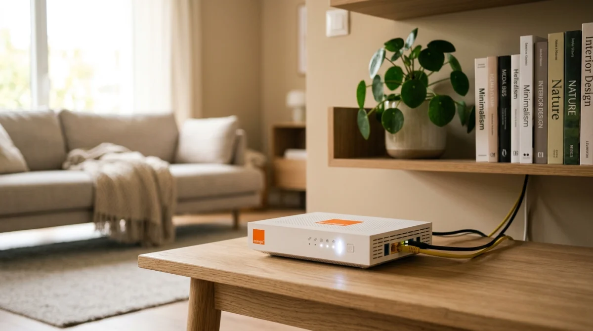 Image d'une Livebox Orange avec voyant blanc clignotant dans un salon moderne