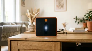 Livebox Orange avec voyant blanc clignotant dans un salon moderne