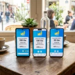 Smartphones affichant des forfaits NRJ Mobile dans un café moderne