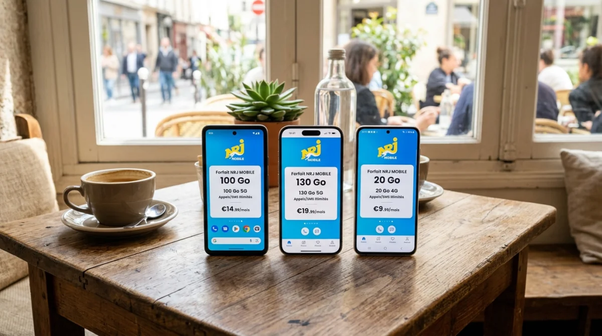 Smartphones affichant des forfaits NRJ Mobile dans un café moderne