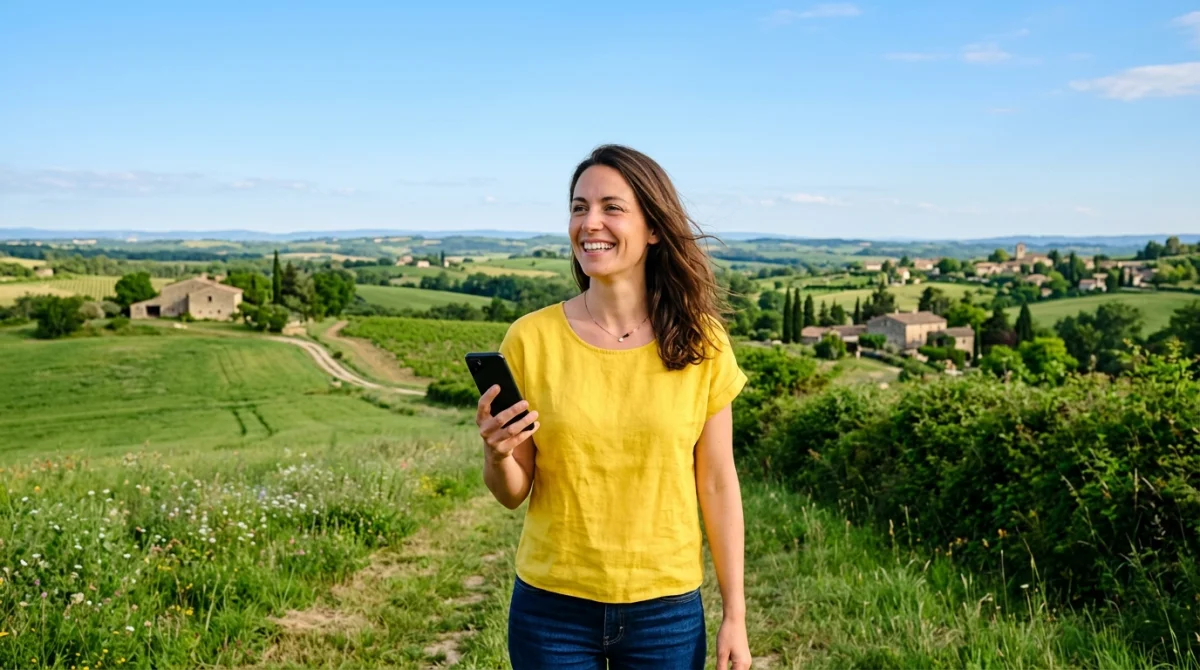 Femme souriante avec smartphone, paysage français, couverture réseau NRJ Mobile.
