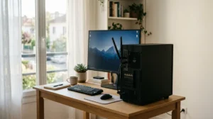 Ordinateur fixe avec antenne wifi visible, connexion sans fil sur un bureau moderne