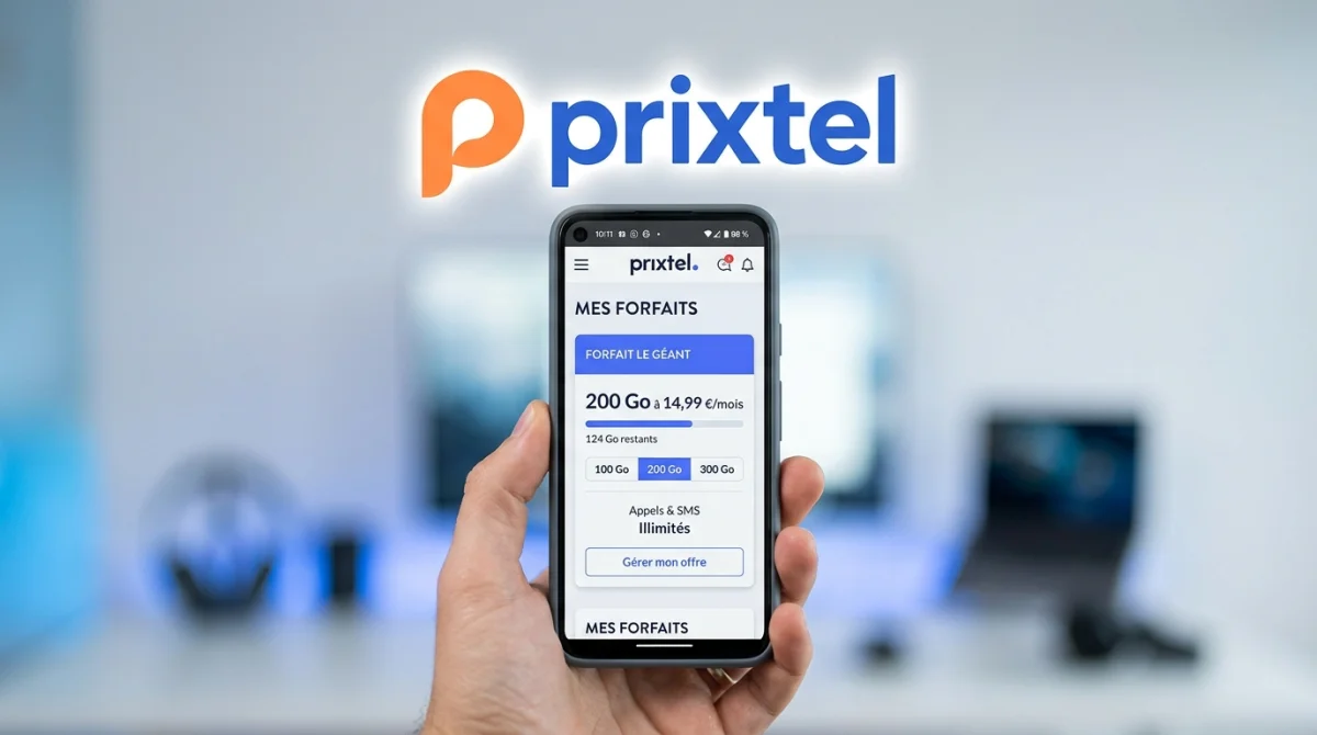 Logo Prixtel flottant sur un smartphone affichant des forfaits mobiles sans engagement.