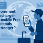 Illustration d’un voyageur à l’aéroport effectuant une recharge mobile Free à l’étranger sur son smartphone