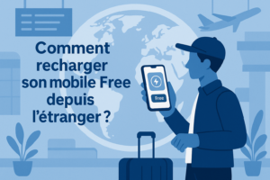Illustration d’un voyageur à l’aéroport effectuant une recharge mobile Free à l’étranger sur son smartphone