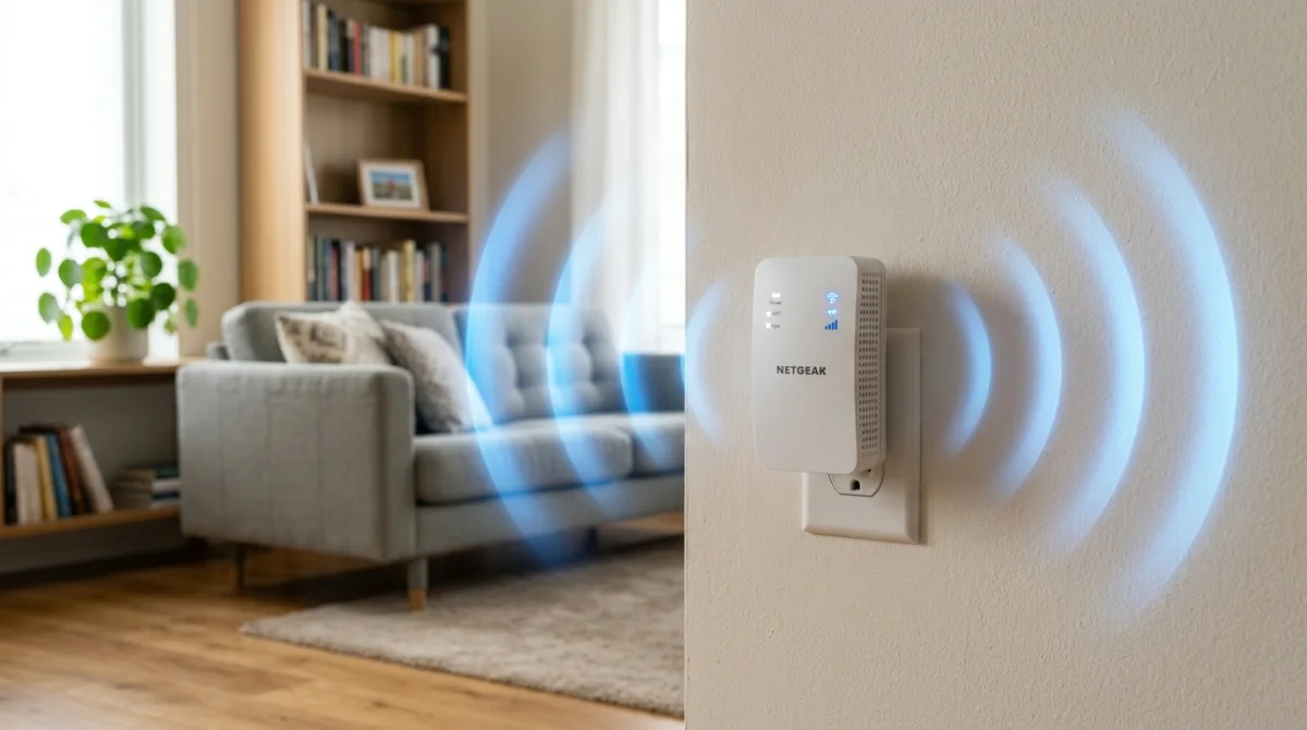 Répéteur WiFi moderne dans un salon, diffusant des ondes bleues pour améliorer la connexion.