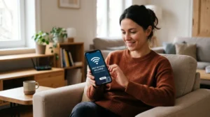 Personne soulagée trouvant le mot de passe Wi-Fi sur son smartphone dans un salon moderne.