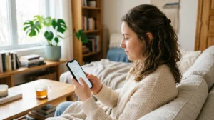 Personne cherchant le nom SSID de son réseau wifi sur un smartphone dans un salon