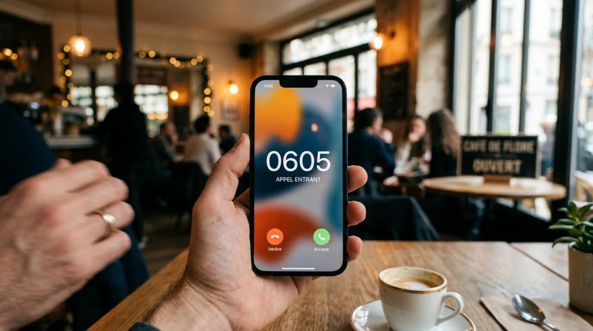 Smartphone affichant le numéro 0605, symbole de la recherche d'opérateur mobile en France.