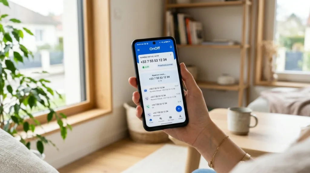 Smartphone affichant un numéro virtuel OnOff, identifiant l'opérateur pour le 0644.