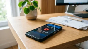 Smartphone affichant un appel manqué suspect du numéro 0743, illustration de spam.