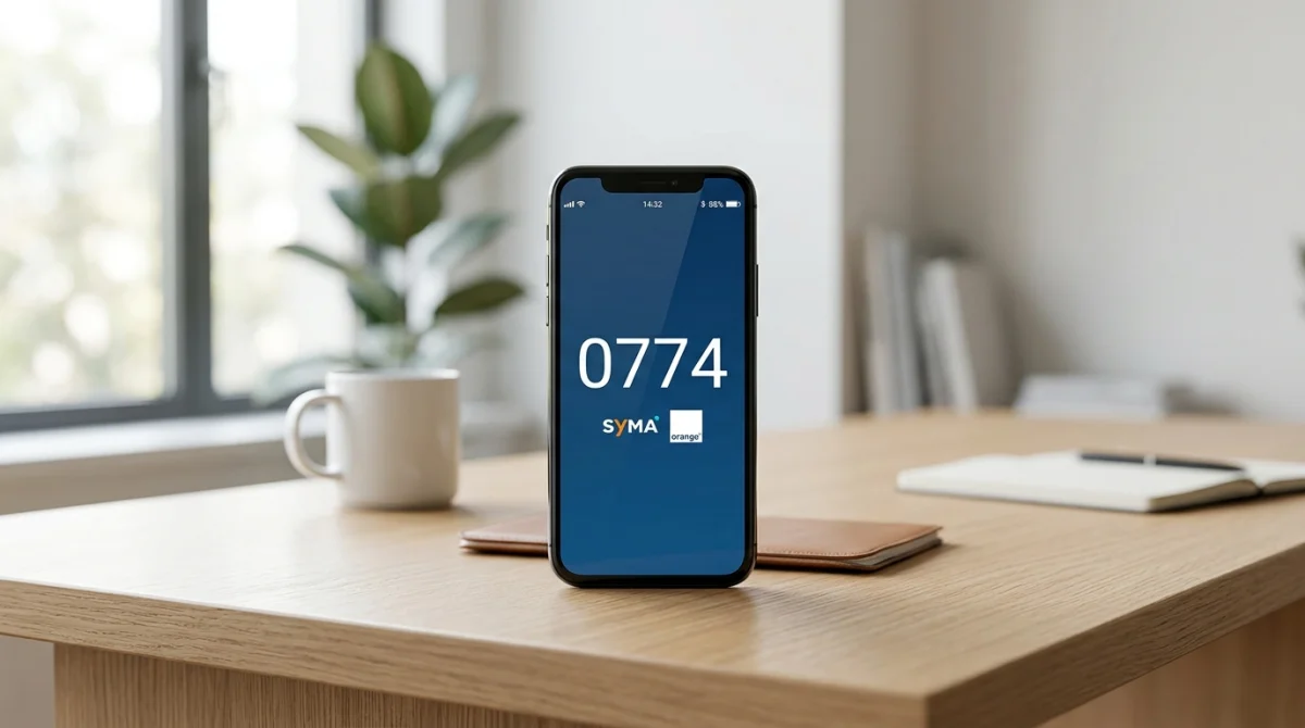 Smartphone affichant 0774, logos Syma et Orange, identifiez votre opérateur mobile.