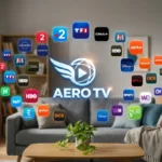 Logo Aero TV stylisé avec icônes de chaînes TV, salon moderne.