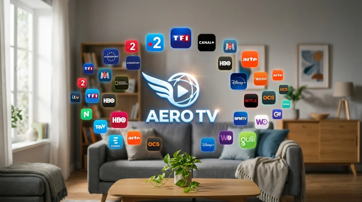 Logo Aero TV stylisé avec icônes de chaînes TV, salon moderne.