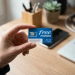Carte SIM Free Mobile tenue dans une main, bureau d'ordinateur moderne, 0766 quel opérateur