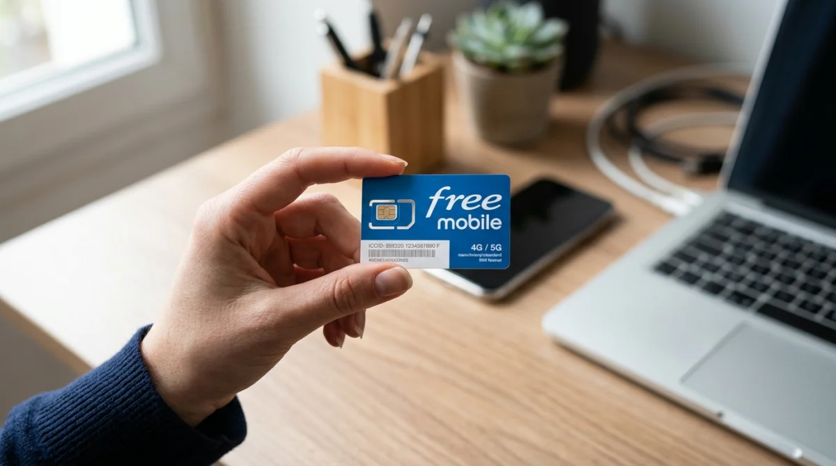 Carte SIM Free Mobile tenue dans une main, bureau d'ordinateur moderne, 0766 quel opérateur
