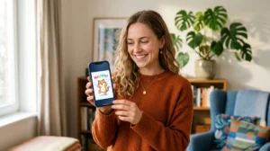 Personne souriante envoyant un GIF animé sur WhatsApp depuis son smartphone dans un salon cosy.