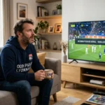 Homme déçu devant TV football, interruption Dino IPTV.