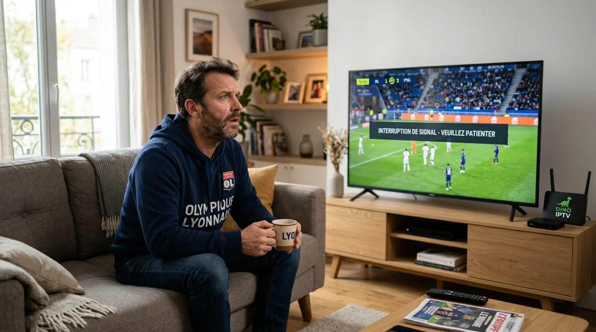 Homme déçu devant TV football, interruption Dino IPTV.