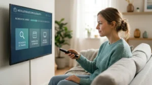 Personne installant facilement une application IPTV sur un écran de télévision moderne.