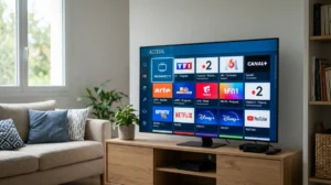 Télévision moderne affichant diverses chaînes IPTV dans un salon lumineux.