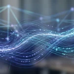 Flux de données numériques abstraits traversant un réseau de communication bleu et violet