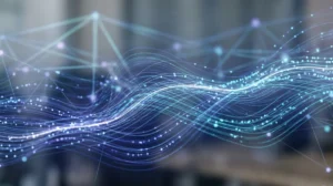 Flux de données numériques abstraits traversant un réseau de communication bleu et violet
