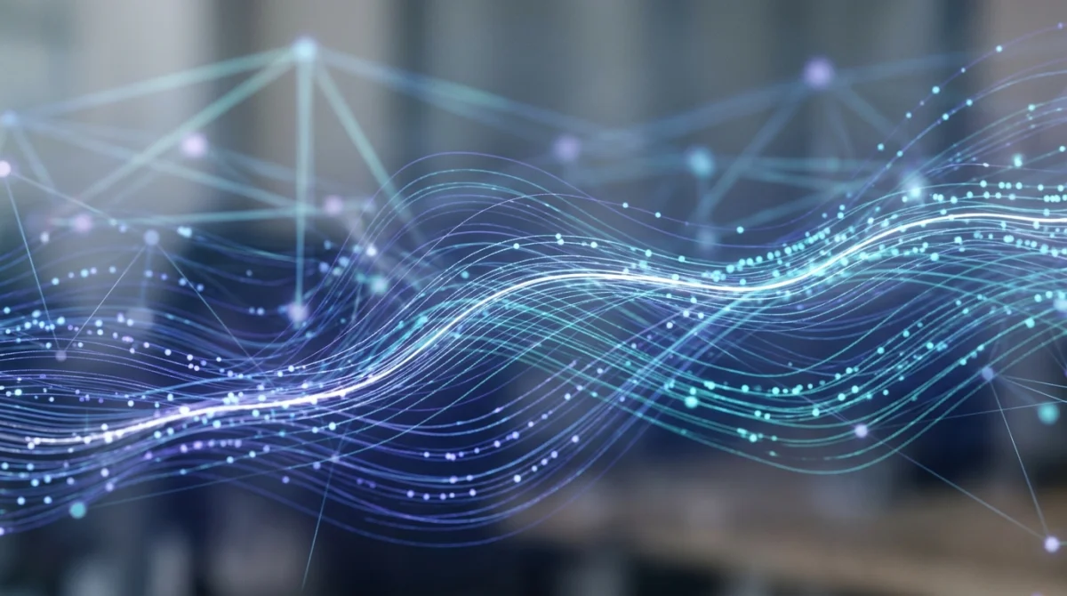 Flux de données numériques abstraits traversant un réseau de communication bleu et violet