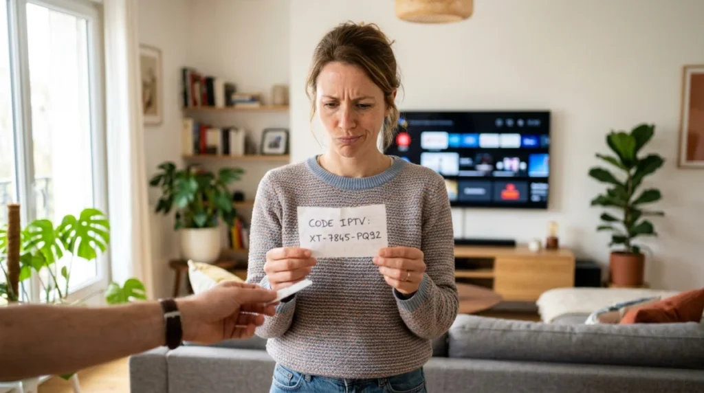 Personne sceptique recevant un code IPTV gratuit sur papier dans un salon moderne.