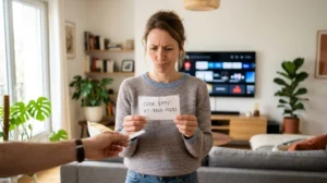 Personne sceptique recevant un code IPTV gratuit sur papier dans un salon moderne.