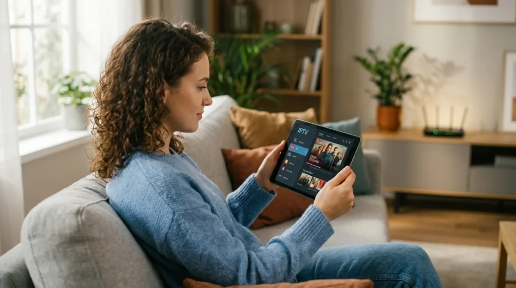 Personne regardant l'IPTV sur tablette dans un salon moderne, connexion Wi-Fi visible.