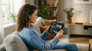 Personne regardant l'IPTV sur tablette dans un salon moderne, connexion Wi-Fi visible.