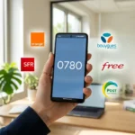 Main tenant smartphone affichant 0780, logos opérateurs télécoms en arrière-plan