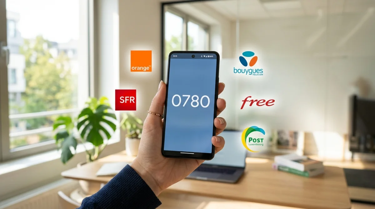 Main tenant smartphone affichant 0780, logos opérateurs télécoms en arrière-plan