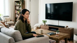 Spectateur frustré devant une télévision affichant un écran noir, illustration du blocage IPTV.