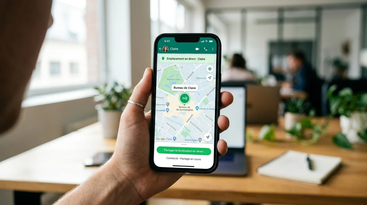Partager sa localisation WhatsApp : main tenant smartphone avec carte et icône de partage.